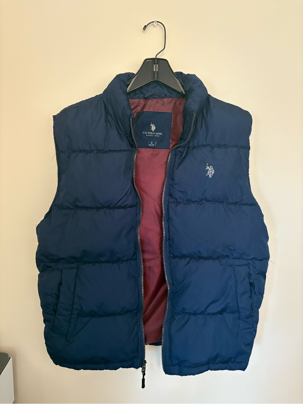 U.S. Polo Assn. Navy Puffer Vest with Burgundy Lining
